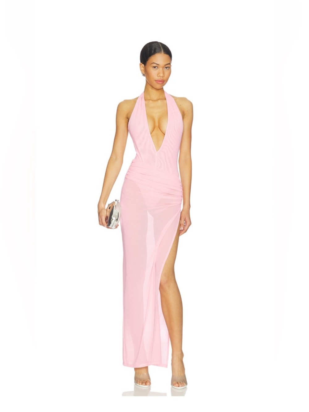 Plunging Halter Pink Maxi Dress